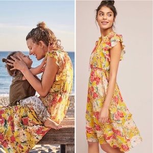 Anthropologie Yellow Floral Midi Dress